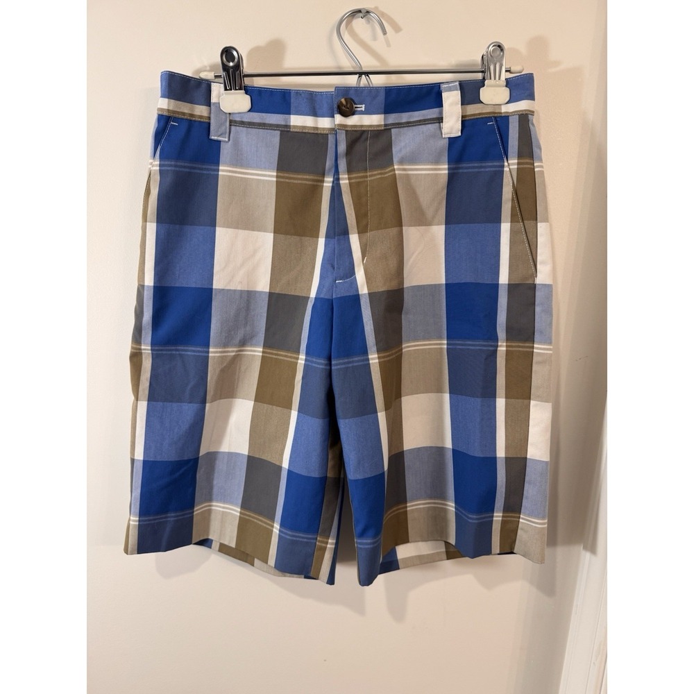 Adidas Youth Golf Shorts Size XL Blue Brown Plaid Flat Front Casual Summer Wear
